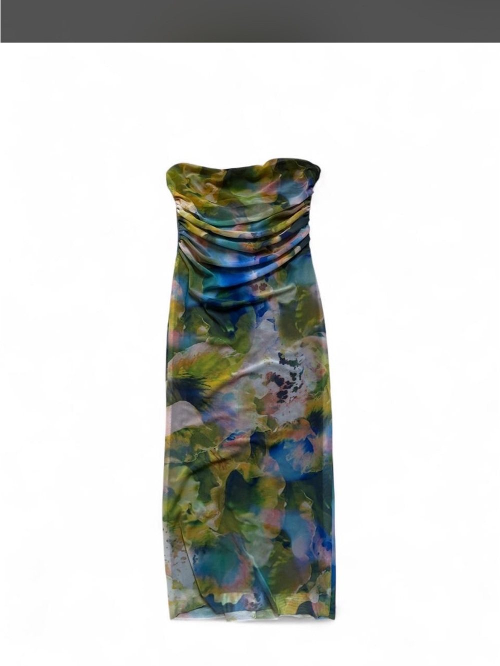 Zara Strapless Bodycon Dress in Green and Blue Watercolor Print